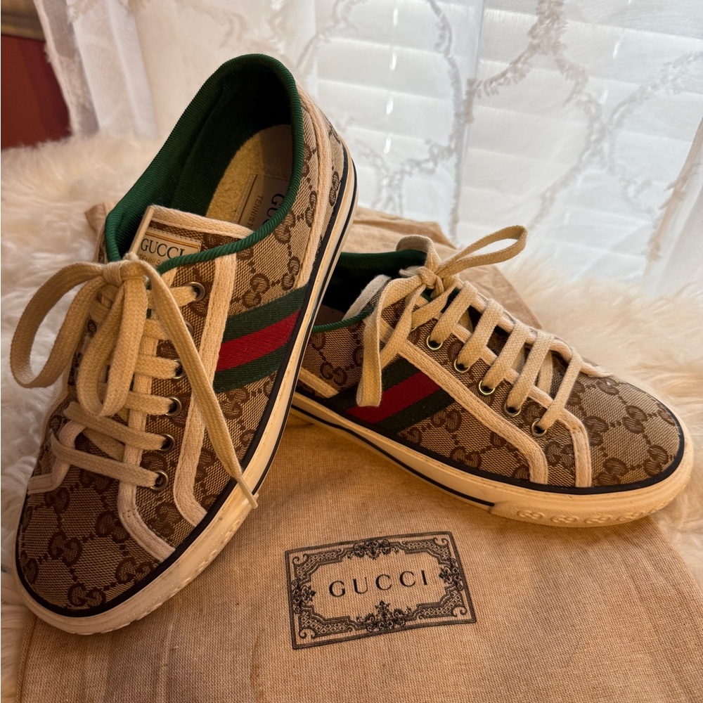 Gucci Beige Canvas Sneakers with Green and Red Stripes